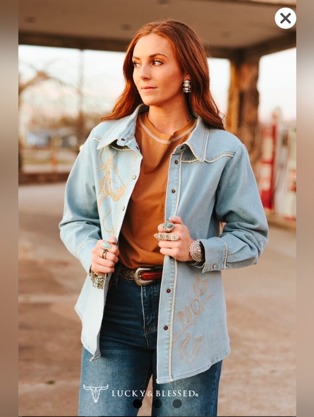 NEW!! Lucky & Blessed Embroidered Light Wash Denim Western Shirt - Blue, NWT